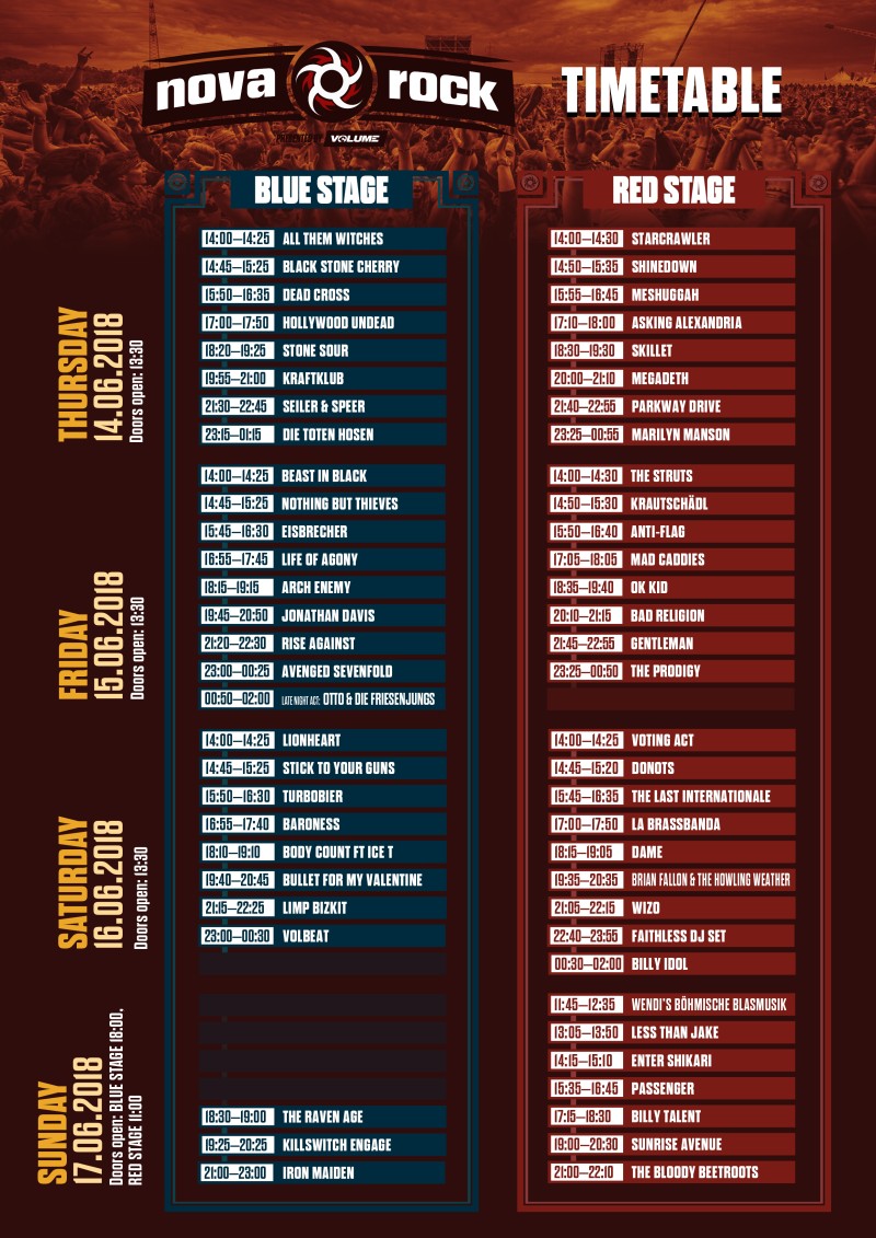 Nova Rock Daily Timetable